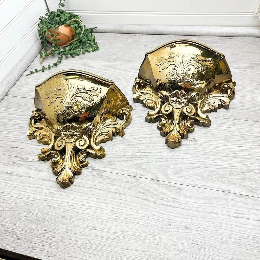 Ornate Gold Plastic Wall Shelf Set: Mid-Century Gothic Decor